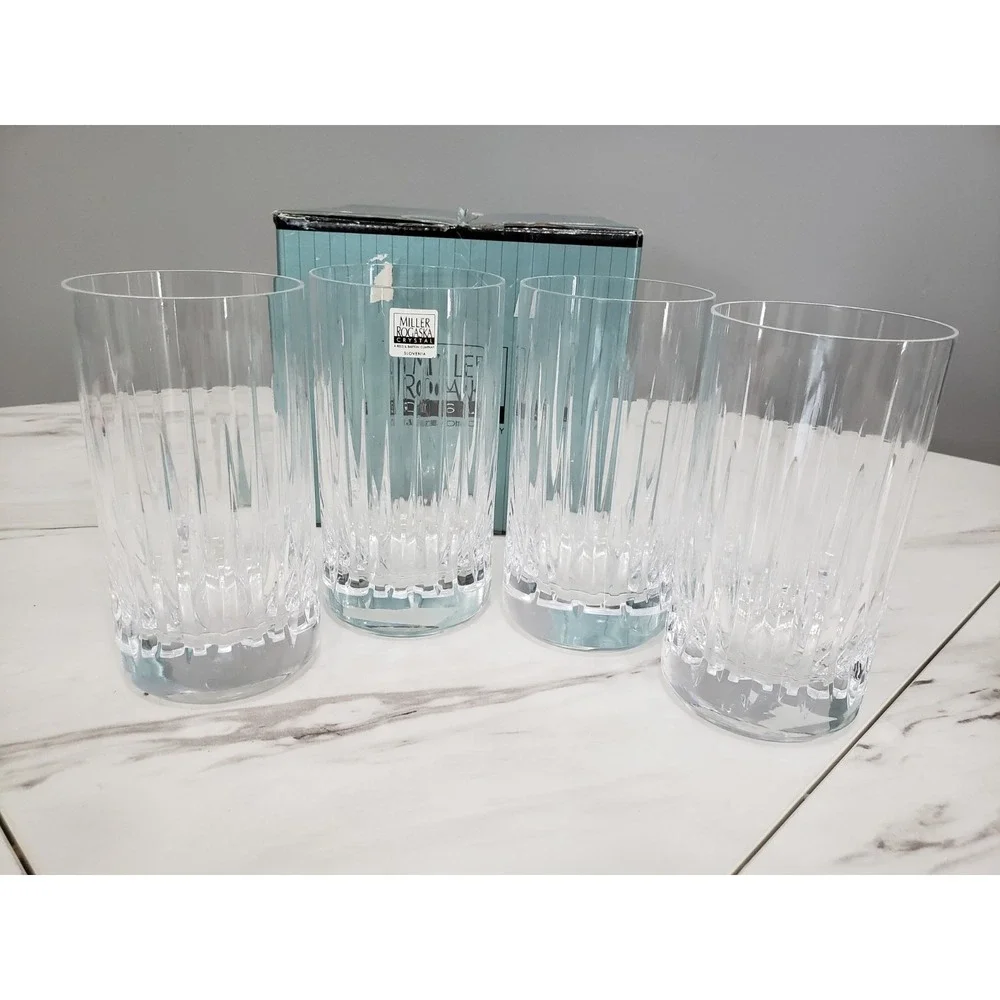 LOT SET 4 Miller Rogaska Soho Highball Tumblers 3 pc Vertical Cut Crystal Hiball